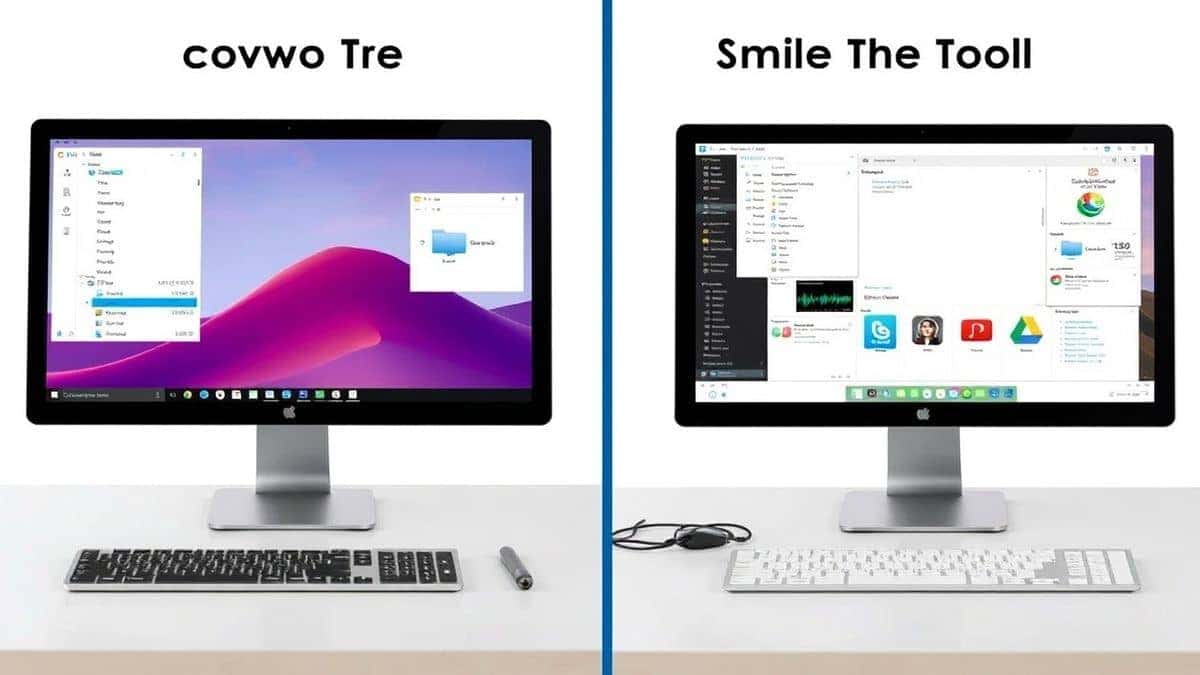 Split screen illustration comparing a complex desktop software interface on one side and a simple, clean online tool interface on the other Split screen illustration comparing a complex desktop software interface on one side and a simple, clean online tool interface on the other