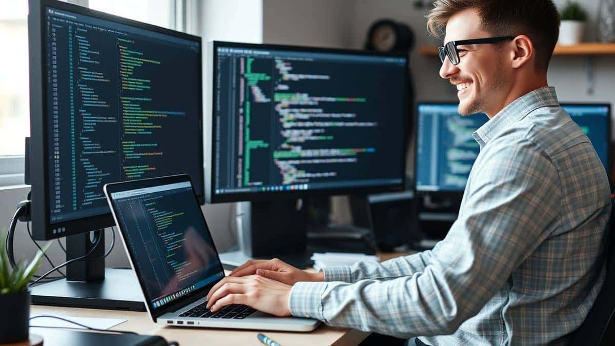 A happy developer working efficiently on a laptop with multiple monitors showing clean code