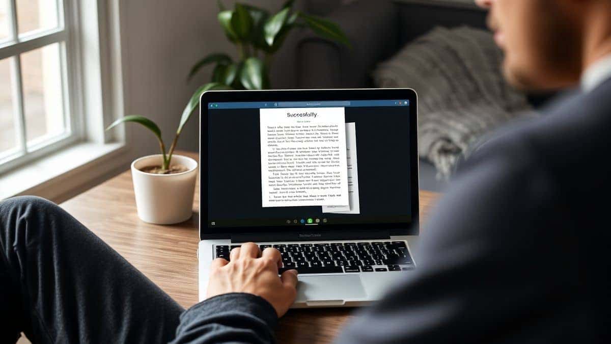 person smiling at laptop showing successfully rotated pdf document on screen person smiling at laptop showing successfully rotated pdf document on screen