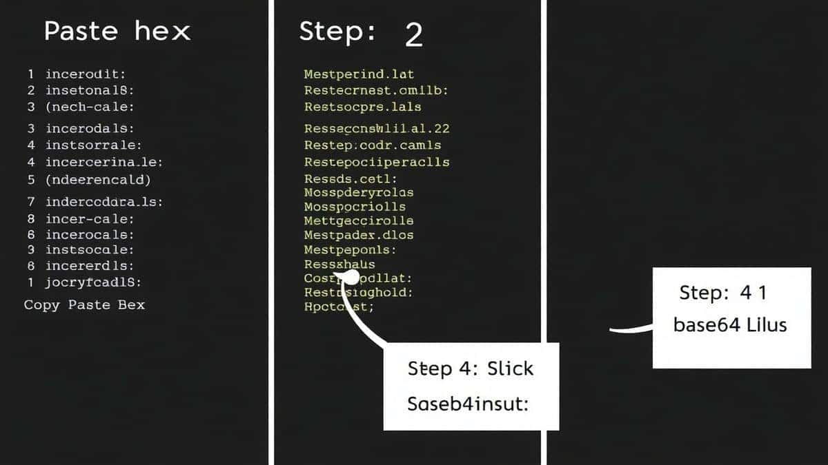 A three-panel graphic showing step 1 paste hex, step 2 click convert, and step 3 copy base64 result