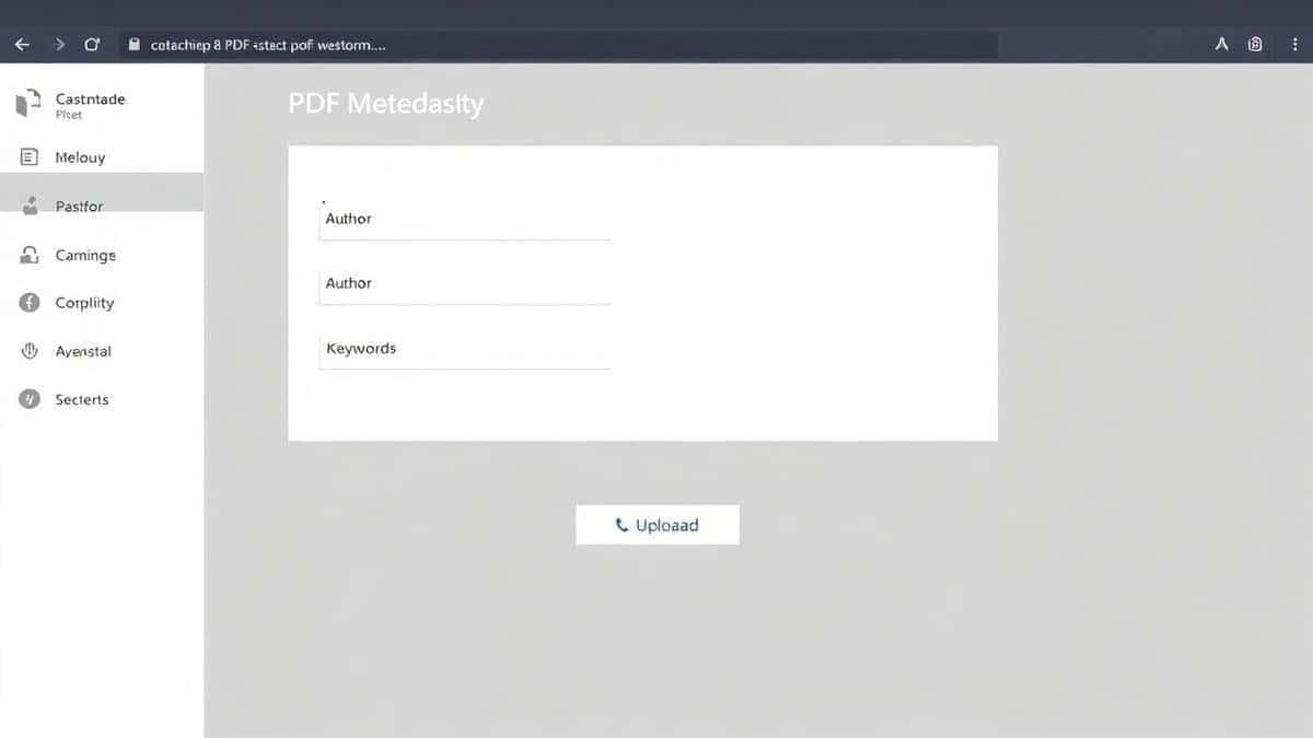 A clean, modern browser interface showing a PDF metadata editing tool with fields for Title, Author, and Keywords, and an upload button.