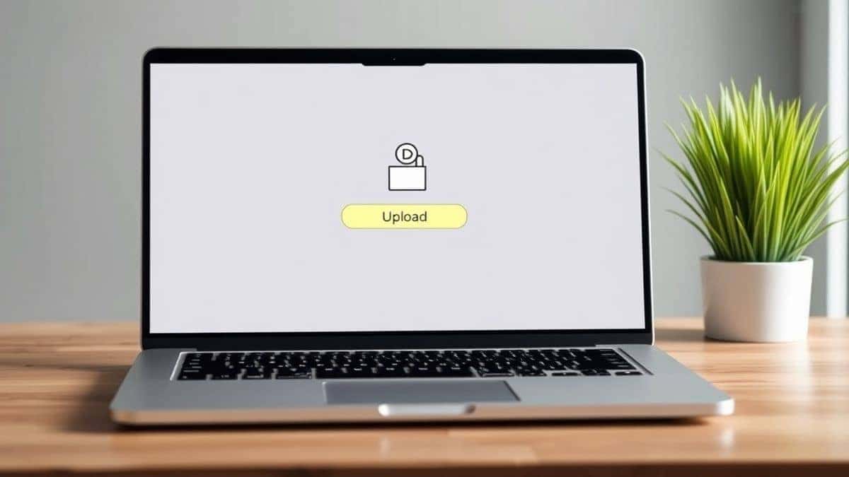 clean modern online tool interface showing upload button and file processing on a laptop screen