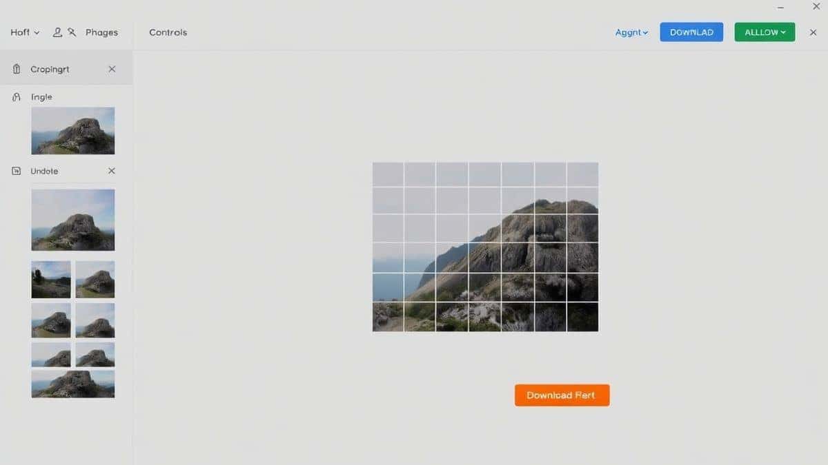 A clean, modern web interface showing an uploaded image with a cropping grid overlay, a simple sidebar for controls, and a bright download button