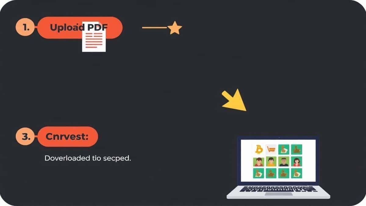 Illustrative diagram showing step 1 upload PDF, step 2 conversion processing, step 3 downloading JPG files on a laptop screen Illustrative diagram showing step 1 upload PDF, step 2 conversion processing, step 3 downloading JPG files on a laptop screen