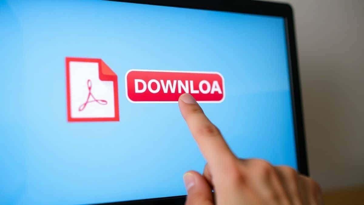 hand clicking download button on computer screen showing compressed pdf file hand clicking download button on computer screen showing compressed pdf file