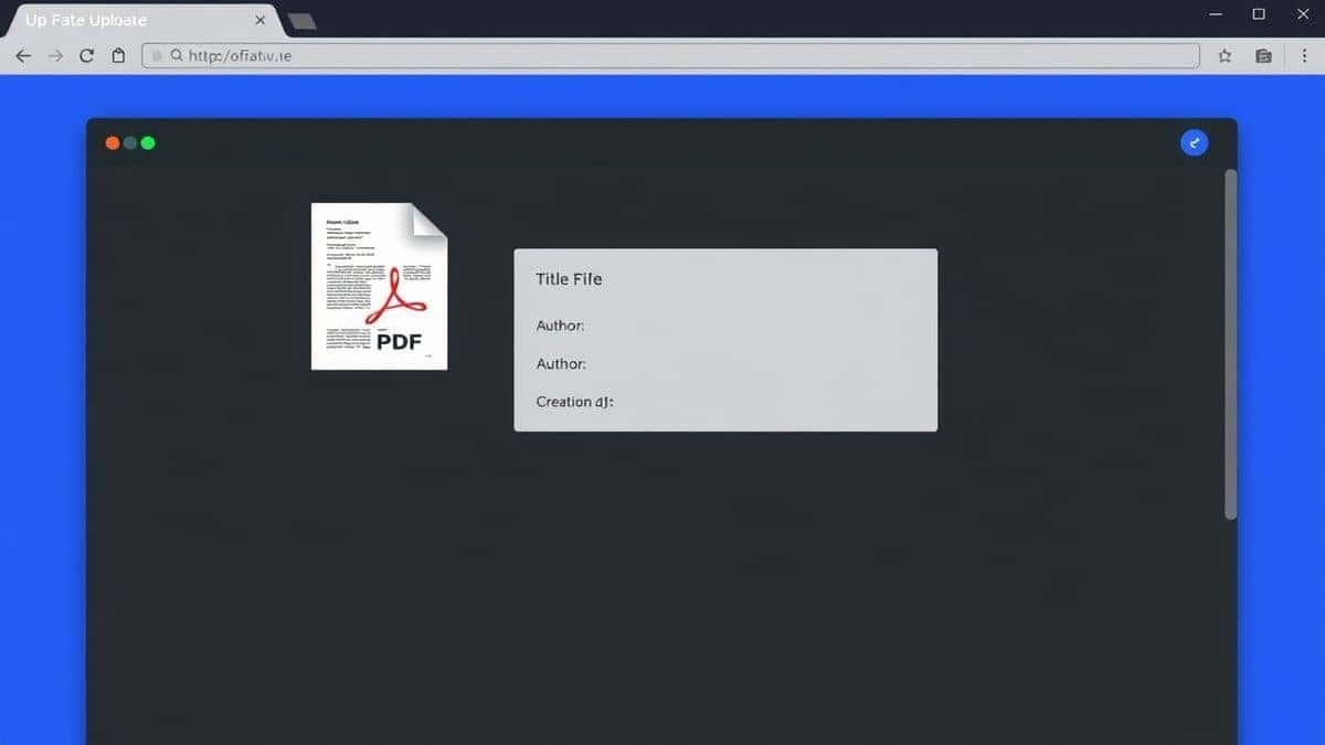 A clean, modern browser interface showing a PDF file uploaded with a panel displaying metadata fields like Title, Author, and Creation Date.