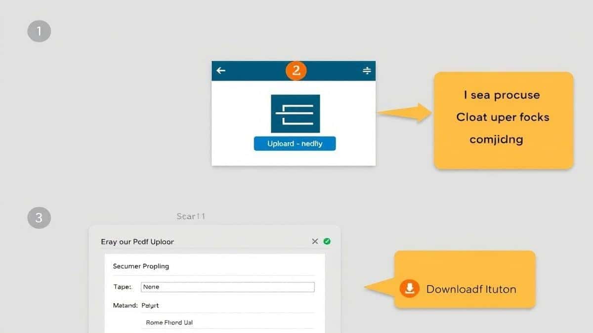 Visual step by step guide showing upload process drag and drop interface and download button for online pdf tool