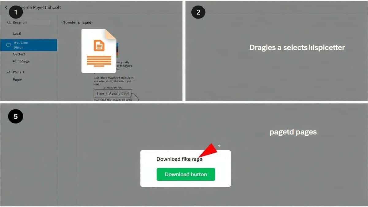 Step-by-step visual guide showing a file being dragged into an uploader, pages being selected, and a download button appearing