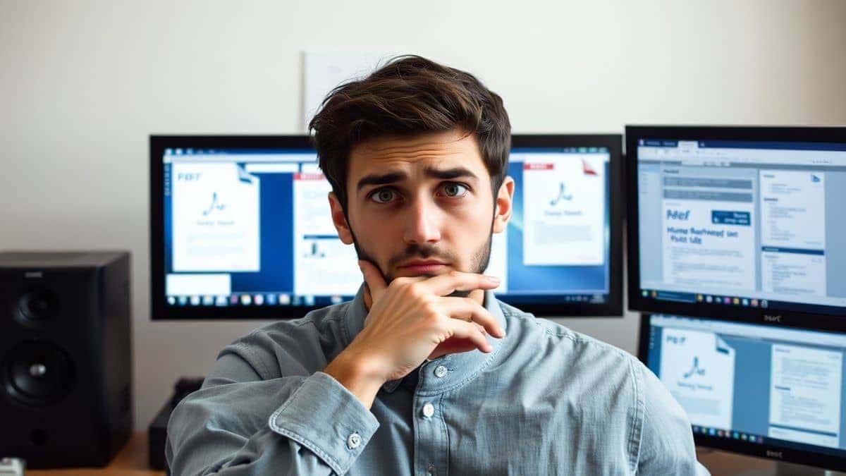 Person looking frustrated at a computer screen with multiple PDF files open