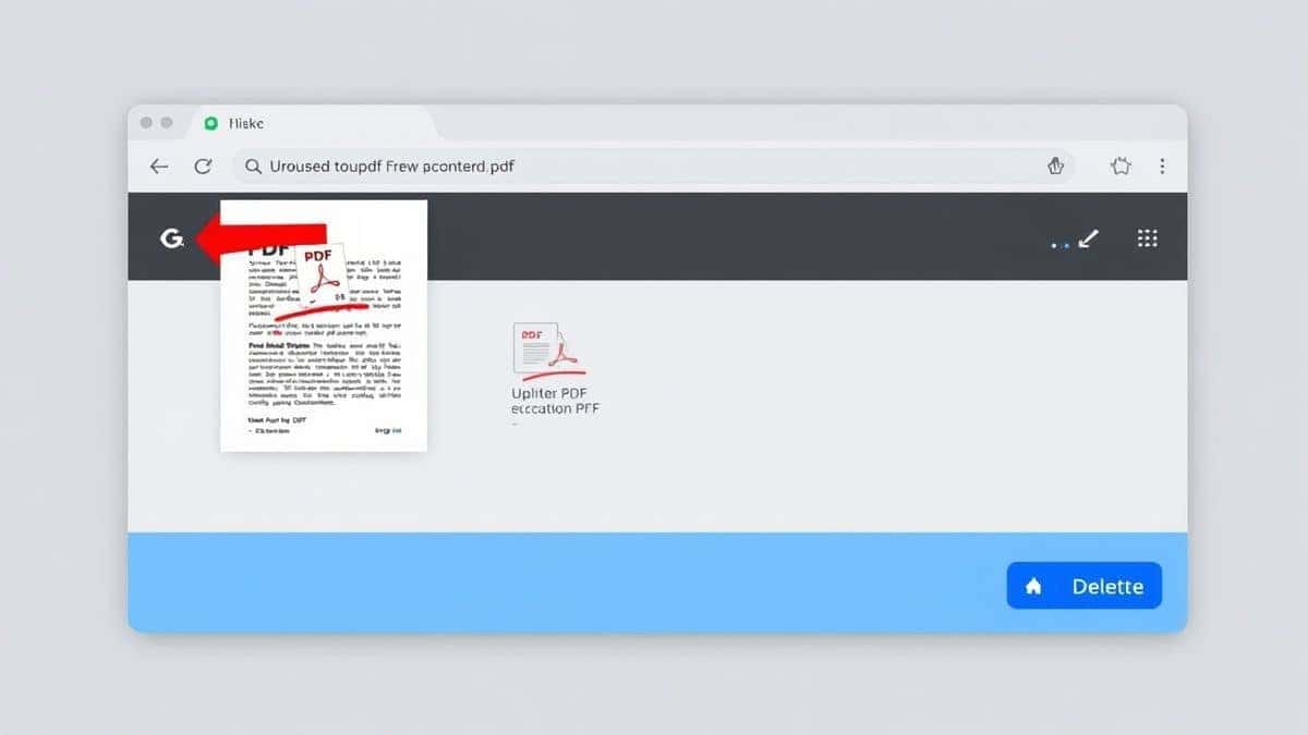 A clean, modern browser interface showing a PDF uploaded to an online tool with page thumbnails and a delete button