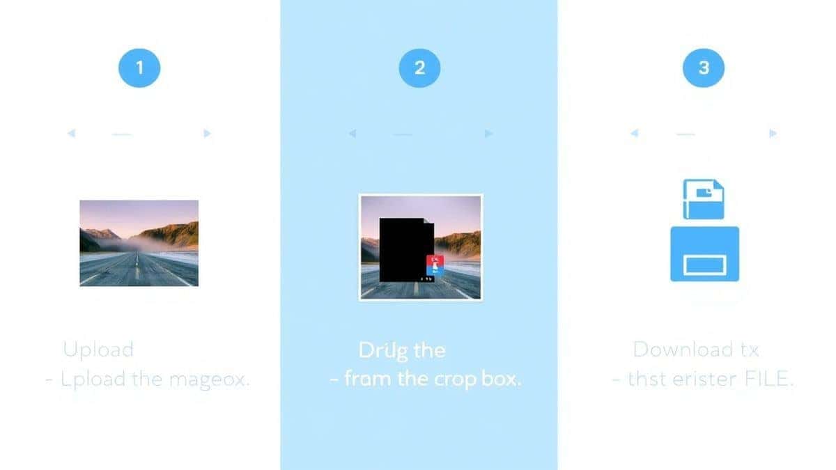 A three-panel infographic style image showing step one upload an image, step two dragging the crop box, and step three downloading the finished file A three-panel infographic style image showing step one upload an image, step two dragging the crop box, and step three downloading the finished file