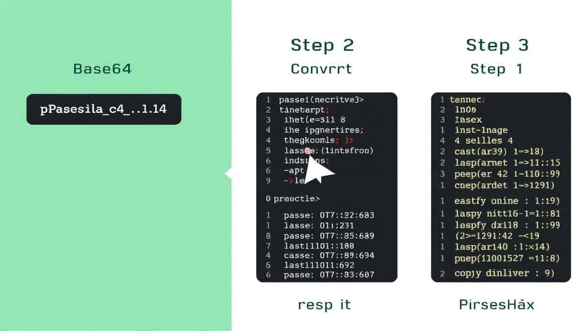 visual guide showing hex input being converted to base64 output with clear arrows and interface highlights