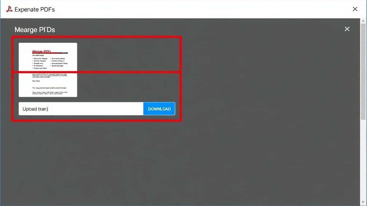 Screenshot of the Merge PDFs tool interface showing upload area and download button