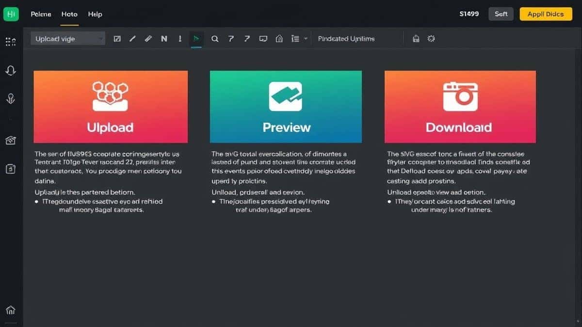 three step process showing upload preview and download options in online svg tool