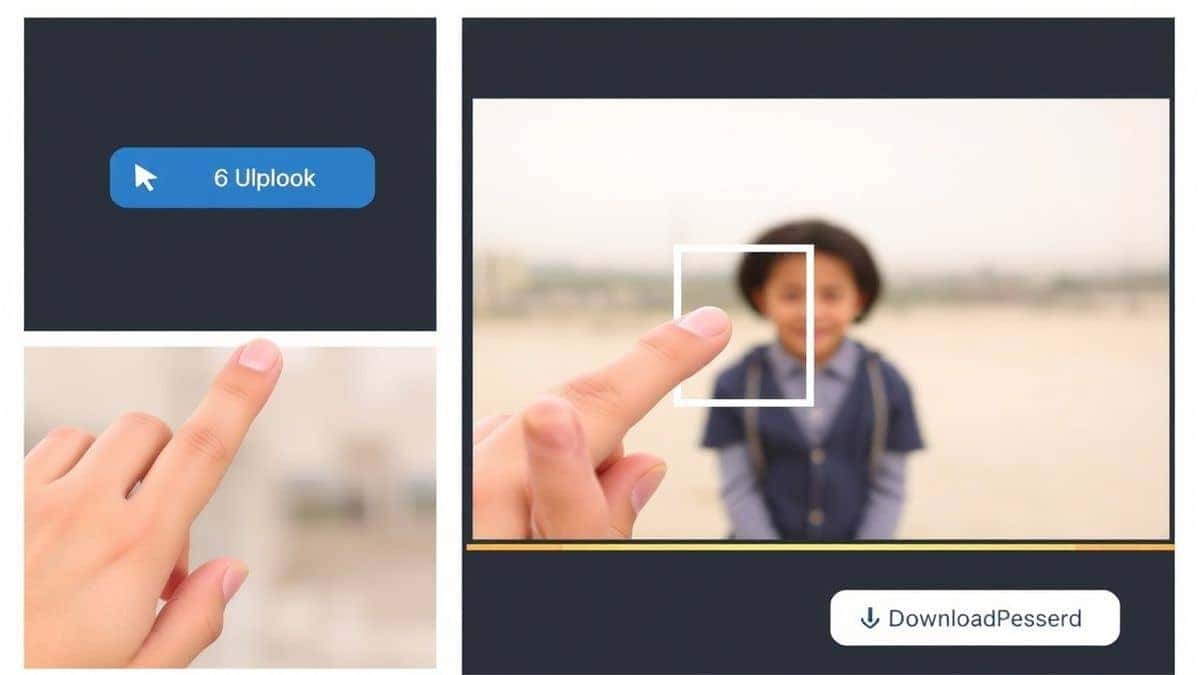 a collage showing three steps: a hand clicking upload, a finger dragging a cropping box on a video, and a download button being pressed