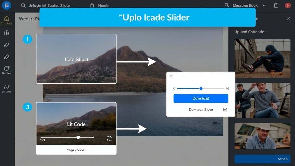 Step-by-step visual guide showing upload, slider adjustment, and download button on a modern web tool interface Step-by-step visual guide showing upload, slider adjustment, and download button on a modern web tool interface